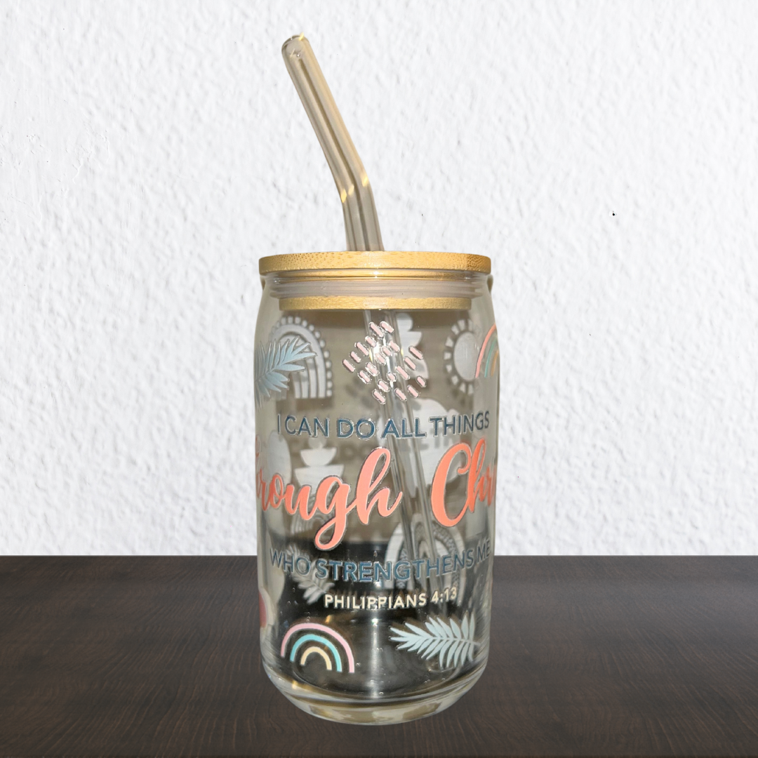 Bible Verse Libbey Glass Cans | Boho Retro Style 16 oz